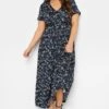 YOURS Curve Navy Blue Ditsy Print Wrap Front Tie Maxi Dress