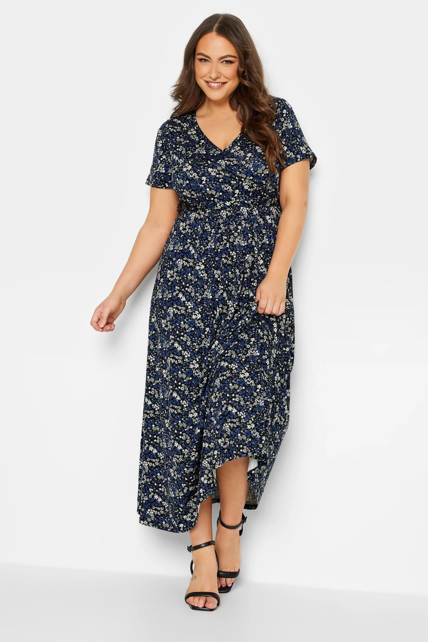 YOURS Curve Navy Blue Ditsy Print Wrap Front Tie Maxi Dress 1 YOURS Curve Navy Blue Ditsy Print Wrap Front Tie Maxi Dress