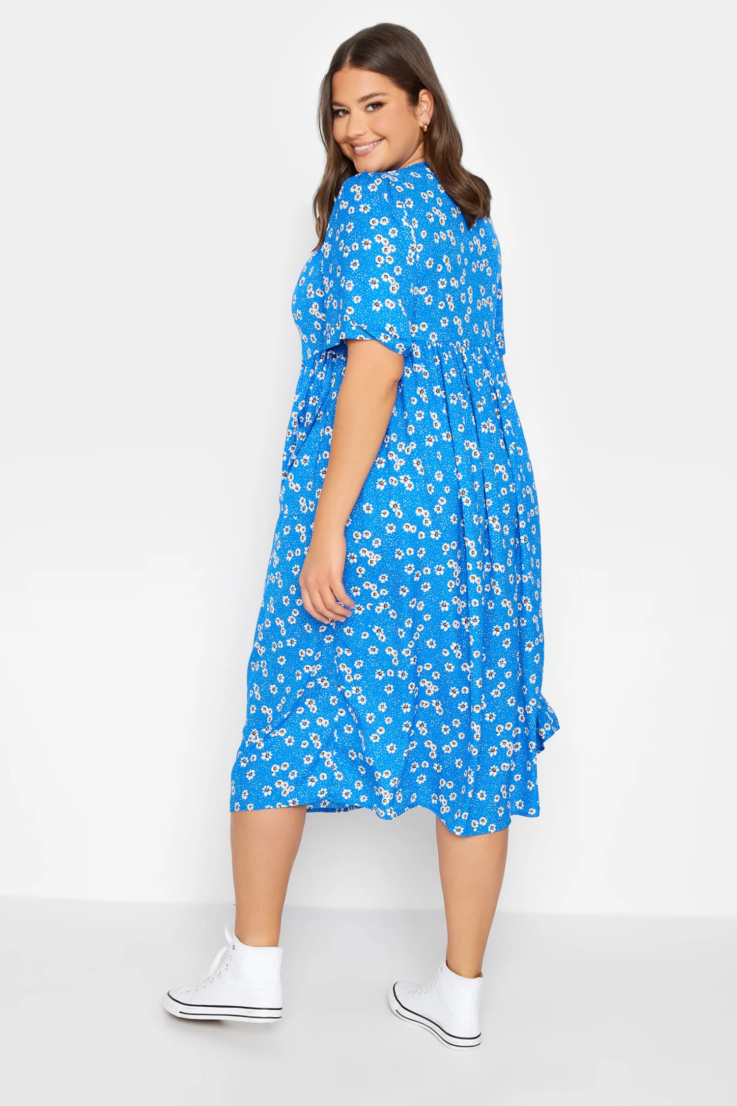 YOURS Curve Blue Daisy Print Smock Dress 2 YOURS Curve Blue Daisy Print Smock Dress - Image 2