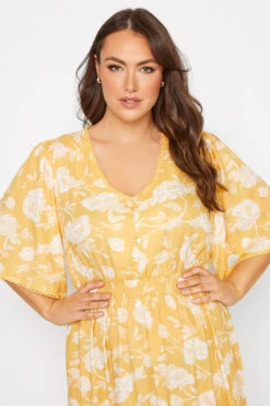 YOURS Curve Yellow Floral Print High Low Midi Dress -Saga Dresses Shop 3e77cab7 7a47 40 137120 D