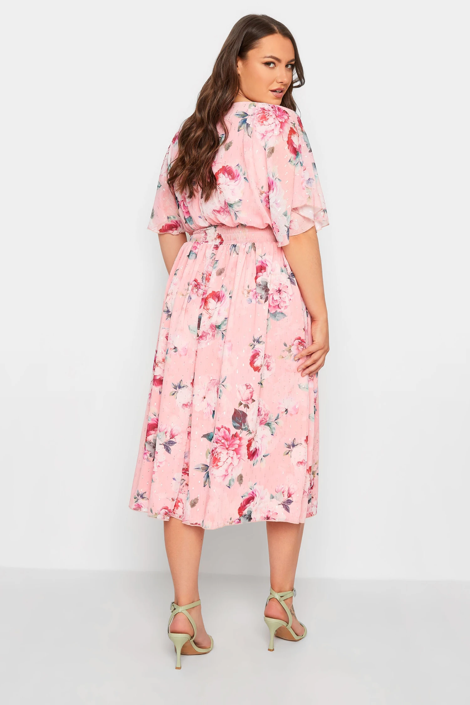 YOURS LONDON Curve Pink Angel Sleeve Floral Shirred Dress 2 YOURS LONDON Curve Pink Angel Sleeve Floral Shirred Dress - Image 2