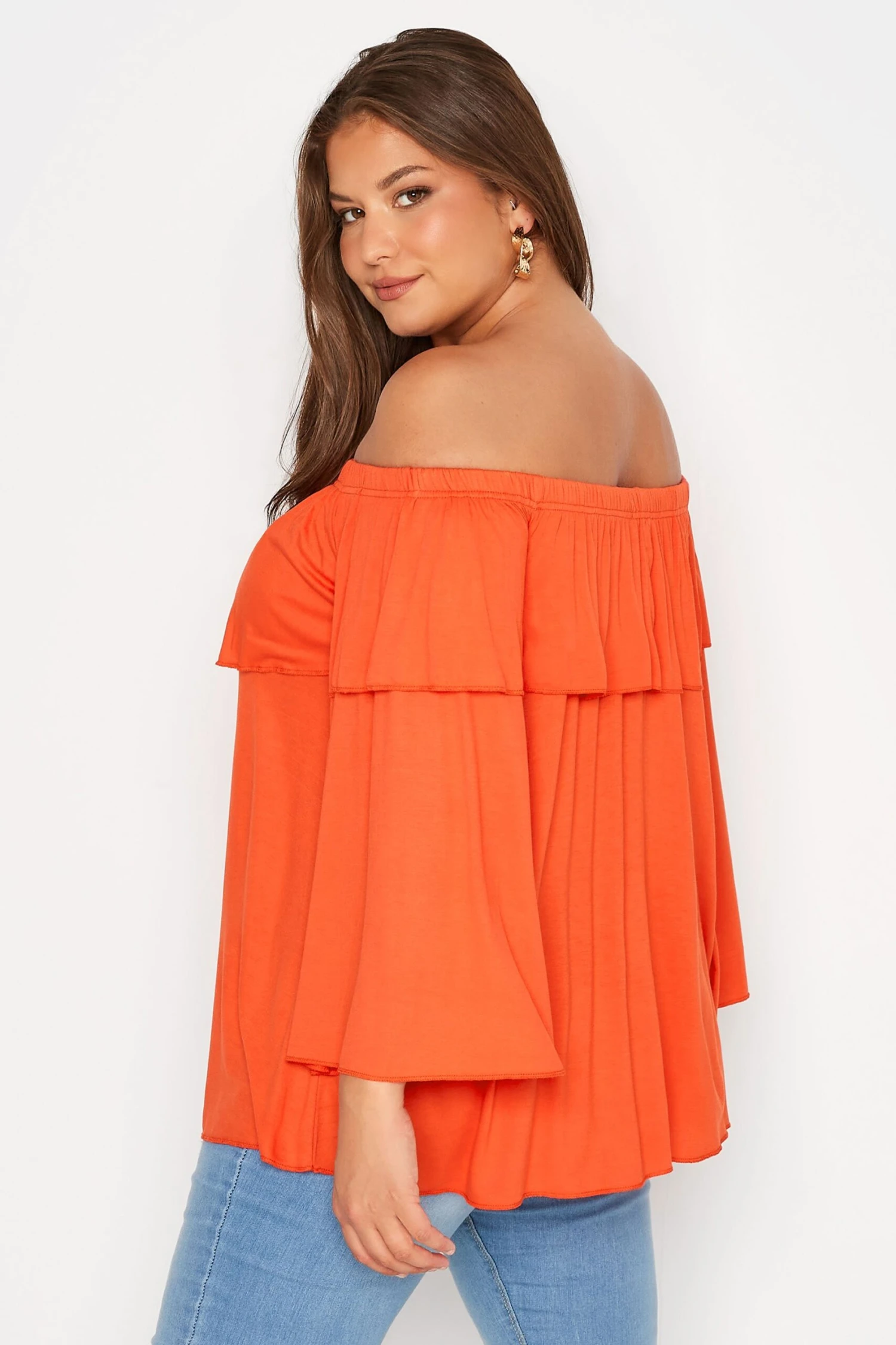 LIMITED COLLECTION Curve Orange Frill Bardot Top 2 LIMITED COLLECTION Curve Orange Frill Bardot Top - Image 2