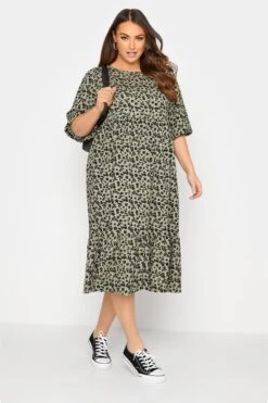 YOURS Curve Khaki Green Floral Print Tiered Midi Dress