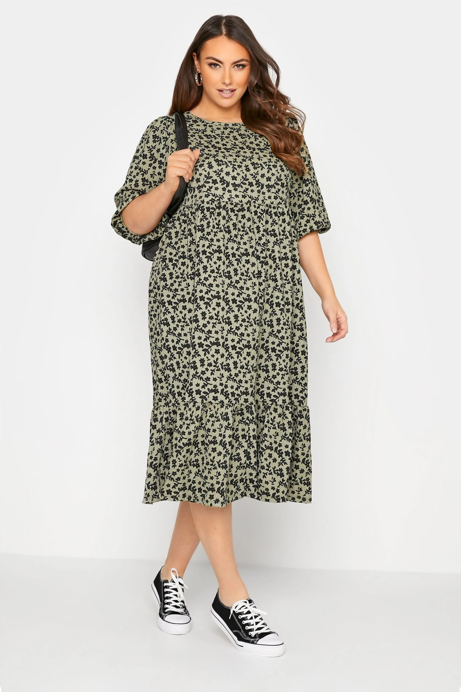 YOURS Curve Khaki Green Floral Print Tiered Midi Dress 1 YOURS Curve Khaki Green Floral Print Tiered Midi Dress