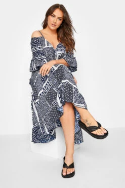 LIMITED COLLECTION Curve Navy Blue Patchwork Print Cold Shoulder Dress 8 LIMITED COLLECTION Curve Navy Blue Patchwork Print Cold Shoulder Dress -Saga Dresses Shop 4193995b 29c6 4a 217037 D