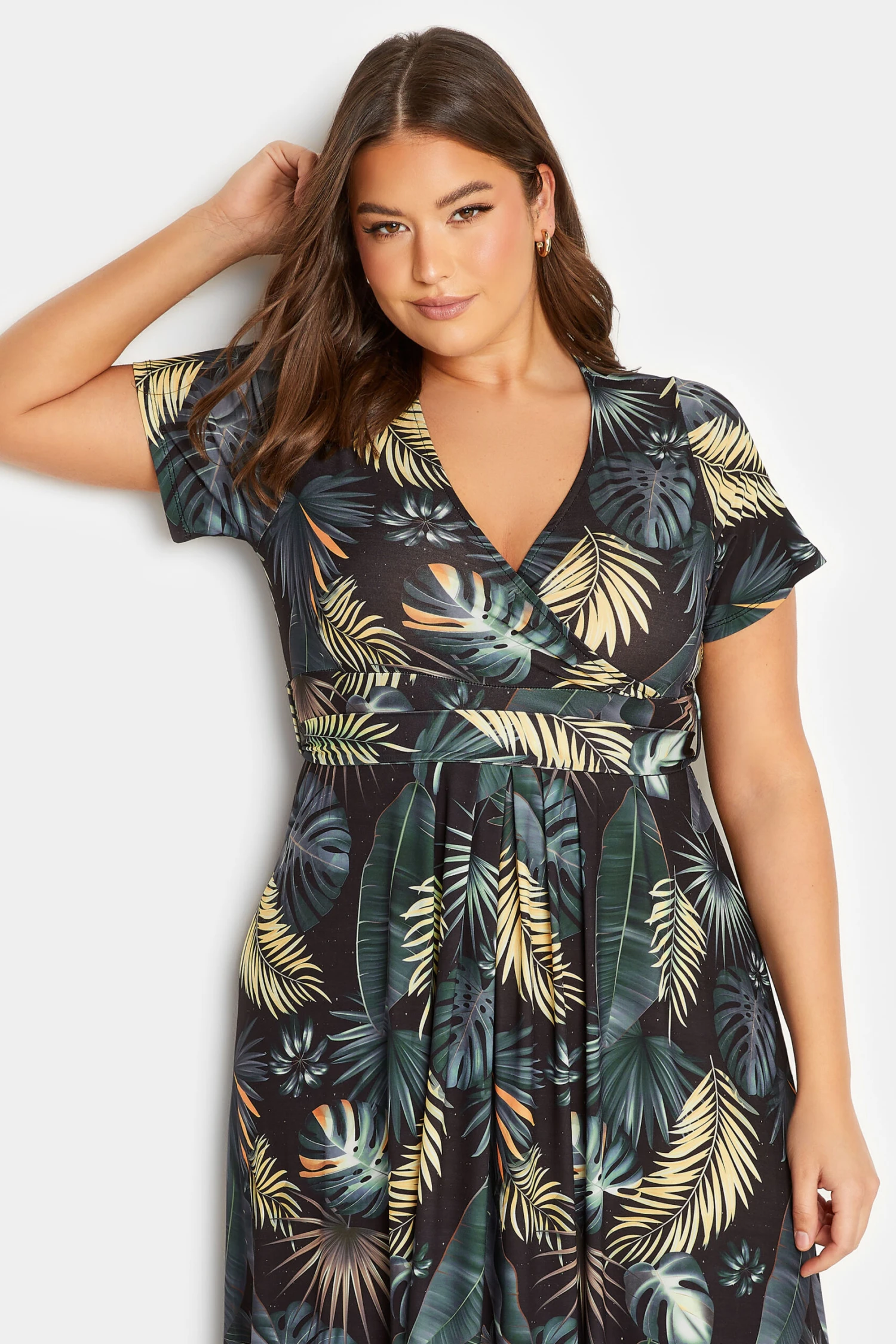 YOURS Curve Black Tropical Leaf Print Wrap Dress 3 YOURS Curve Black Tropical Leaf Print Wrap Dress - Image 3