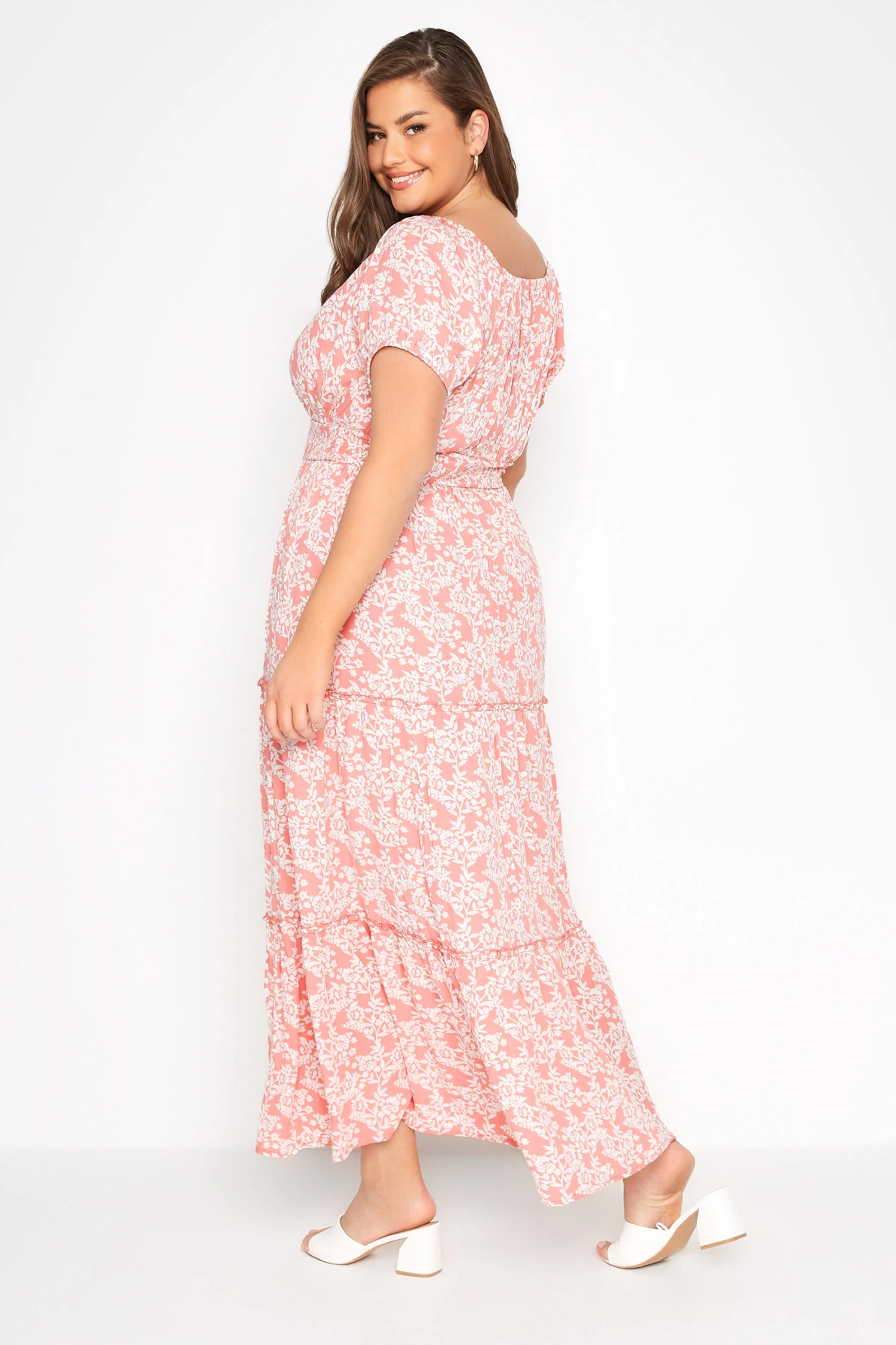 YOURS Curve Pink Floral Bardot Maxi Dress 2 YOURS Curve Pink Floral Bardot Maxi Dress - Image 2