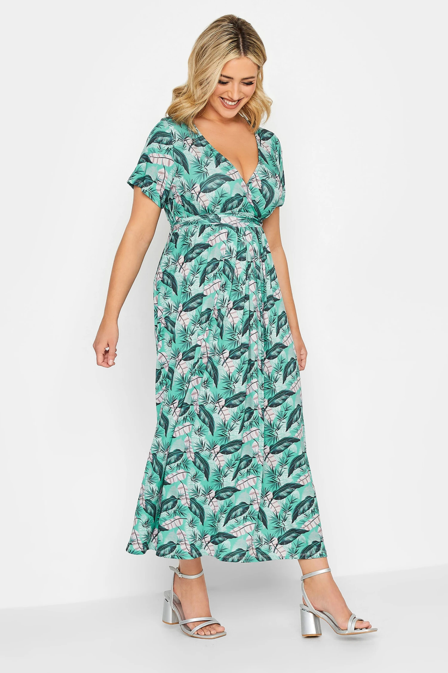 YOURS Curve Light Blue Leaf Print Maxi Wrap Dress 1 YOURS Curve Light Blue Leaf Print Maxi Wrap Dress