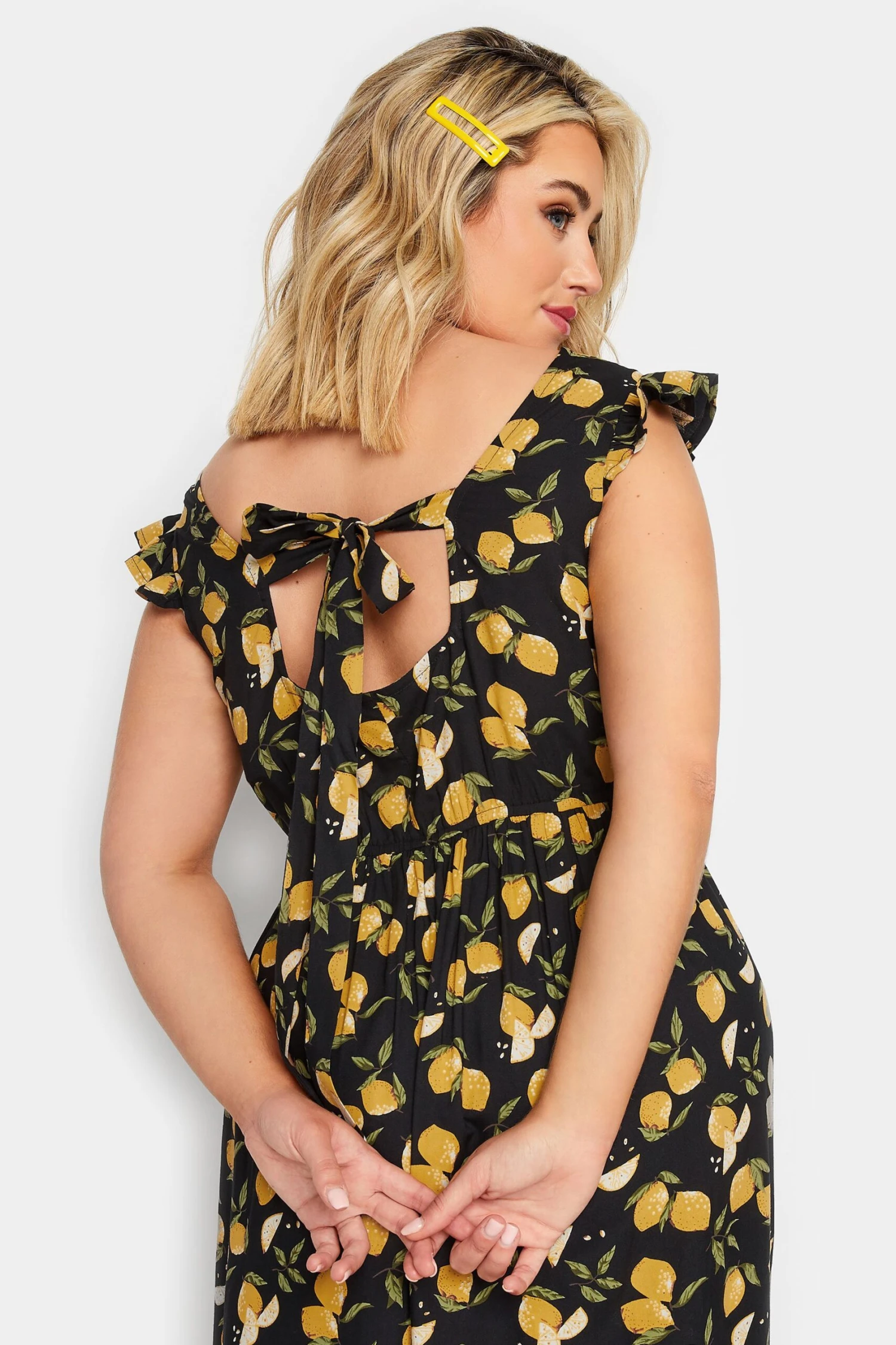 LIMITED COLLECTION Curve Black Lemons Print Frill Maxi Dress 3 LIMITED COLLECTION Curve Black Lemons Print Frill Maxi Dress - Image 3