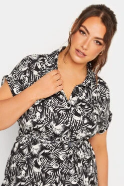 YOURS Curve Black & White Leaf Print Spilt Hem Midaxi Shirt Dress -Saga Dresses Shop 45244837 76a1 44 302078 D