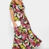 YOURS Curve Black Leaf Print Front Tie Maxi Dress
