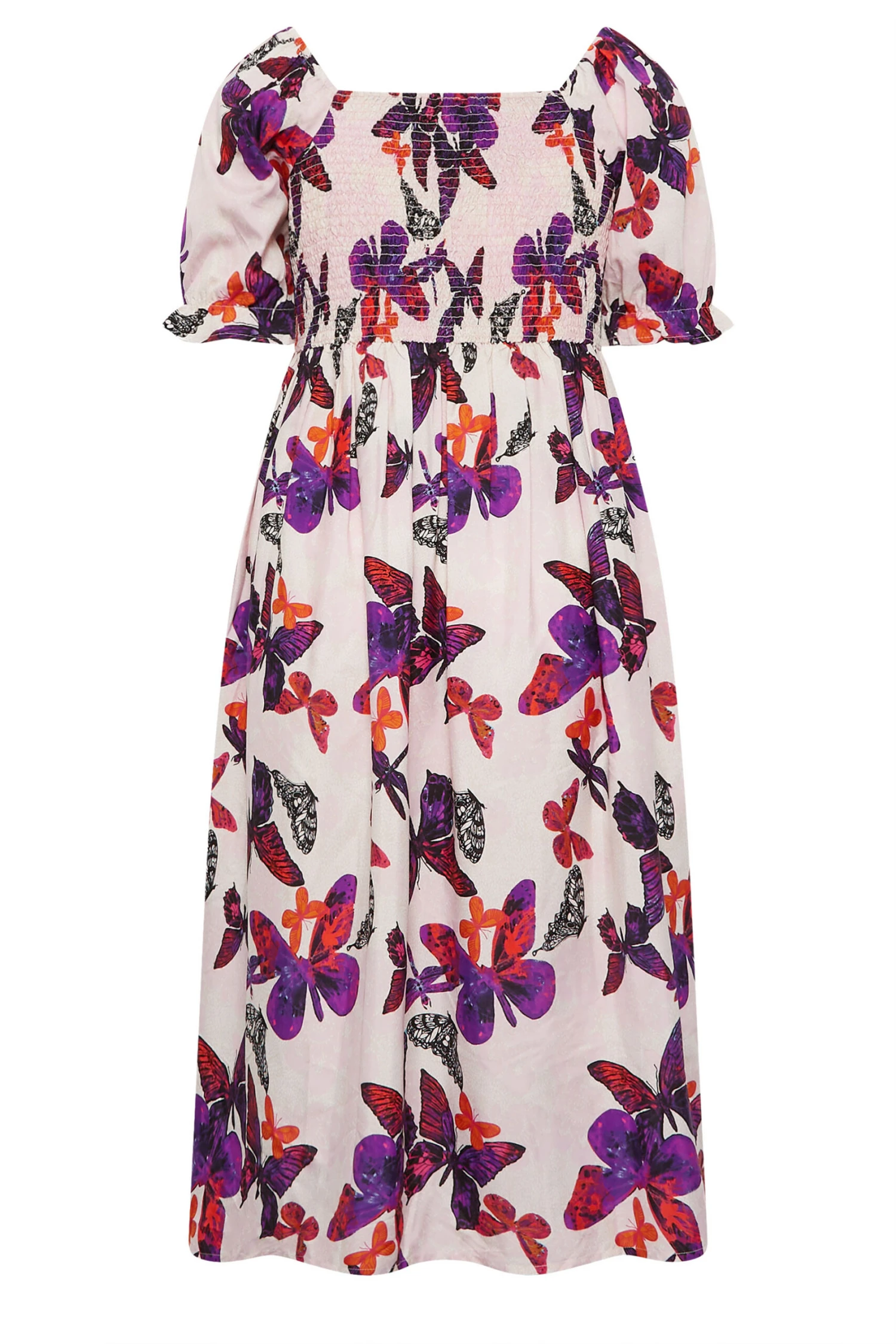 YOURS Curve Light Pink Butterfly Print Shirred Midaxi Dress 6 YOURS Curve Light Pink Butterfly Print Shirred Midaxi Dress - Image 6