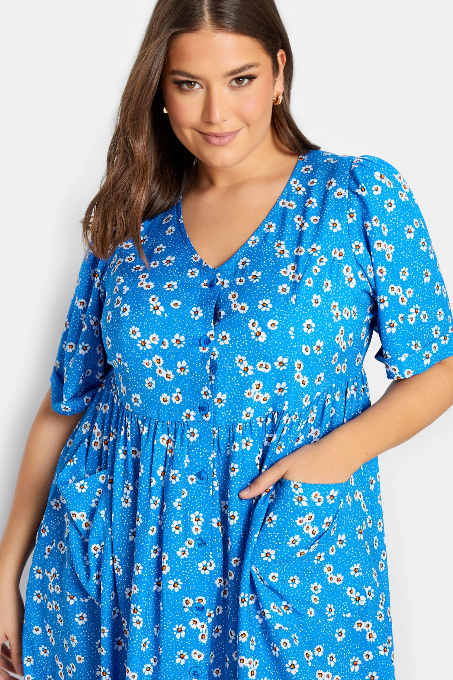 YOURS Curve Blue Daisy Print Smock Dress 3 YOURS Curve Blue Daisy Print Smock Dress - Image 3