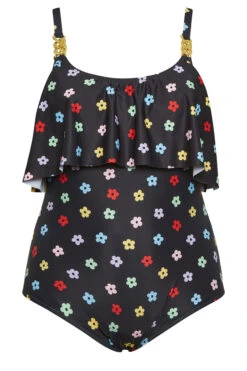 YOURS Curve Black Daisy Print Frill Chain Tummy Control Swimsuit -Saga Dresses Shop 479e3eae 079a 42 150271 X