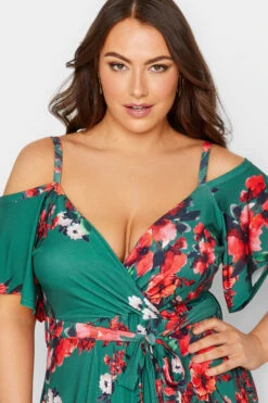 YOURS LONDON Curve Green Floral Cold Shoulder Wrap Dress -Saga Dresses Shop 47fffe59 29ff 46 162179 D