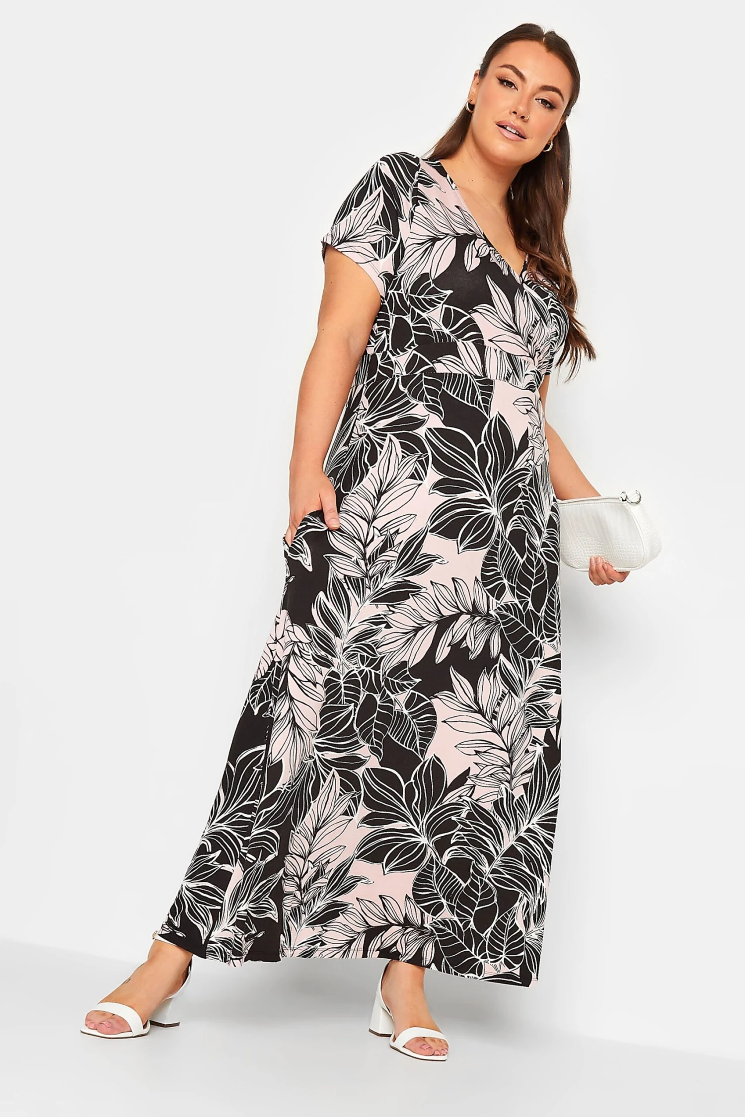 YOURS Curve Black & Pink Leaf Print V-Neck Midaxi Dress 1 YOURS Curve Black & Pink Leaf Print V-Neck Midaxi Dress