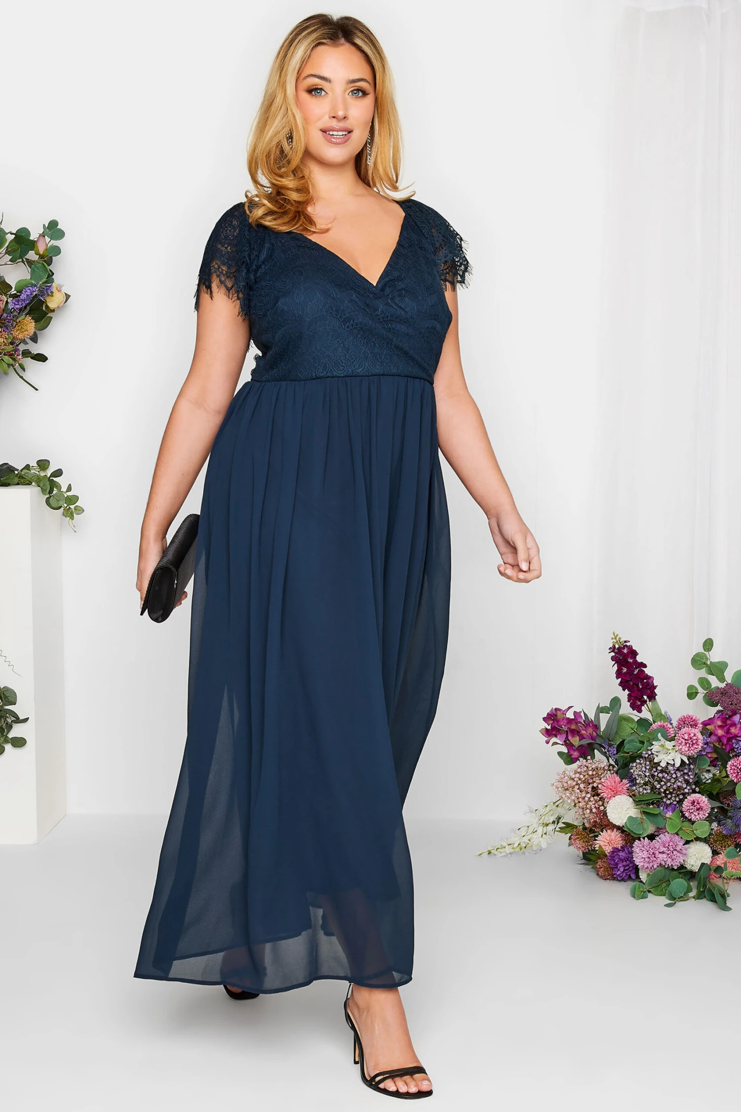 YOURS LONDON Curve Navy Blue Lace Detail Wrap Maxi Dress 2 YOURS LONDON Curve Navy Blue Lace Detail Wrap Maxi Dress - Image 2