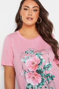YOURS Curve Pink Floral Foil Print T-Shirt -Saga Dresses Shop 4a174c8f bf85 41 302177 D