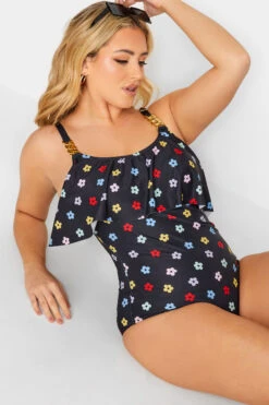 YOURS Curve Black Daisy Print Frill Chain Tummy Control Swimsuit -Saga Dresses Shop 4a5d5f8c 12a1 41 150271 D