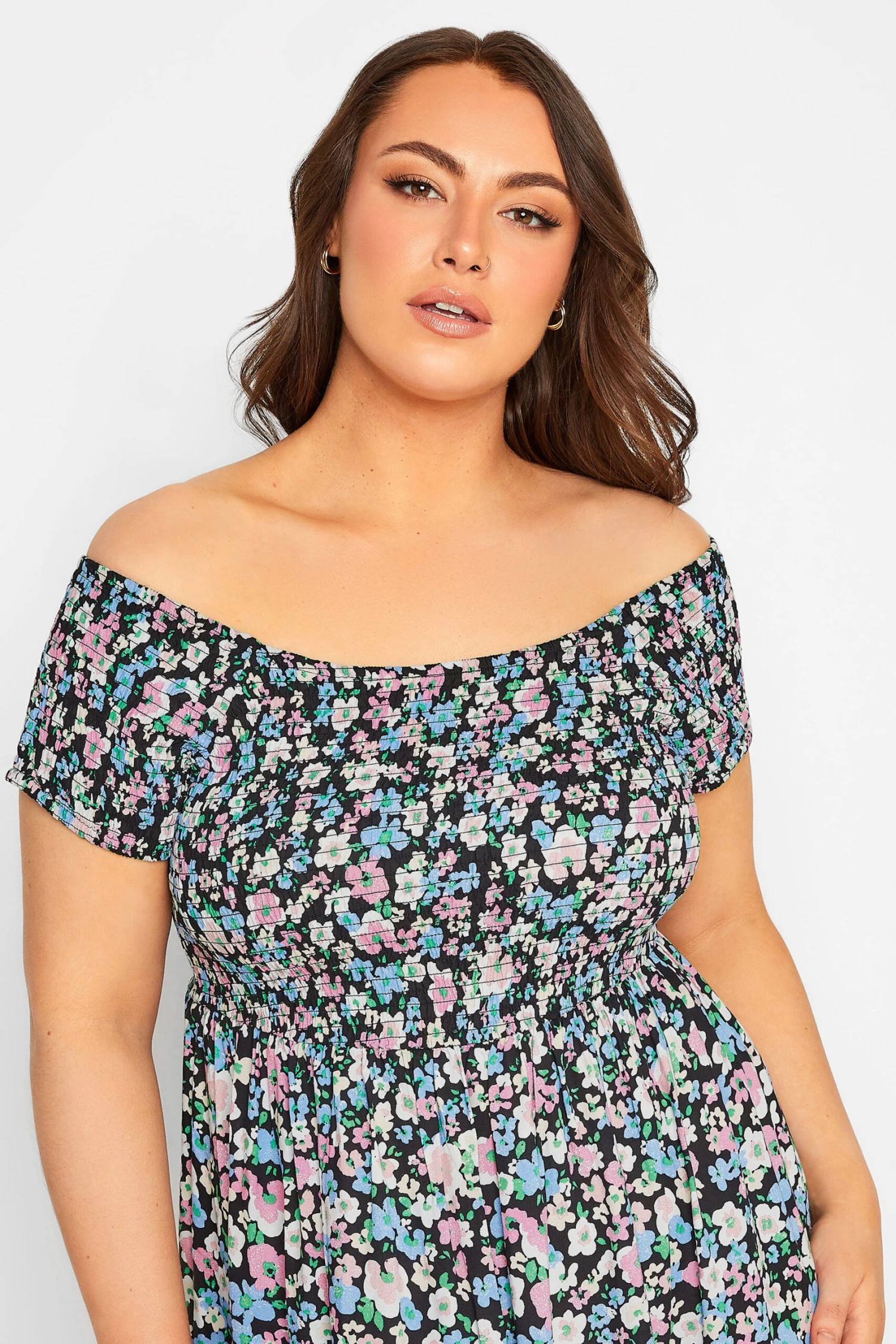 YOURS Curve Black Floral Ditsy Shirred Midi Dress 3 YOURS Curve Black Floral Ditsy Shirred Midi Dress - Image 3