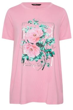 YOURS Curve Pink Floral Foil Print T-Shirt -Saga Dresses Shop 4bf1f665 7999 47 302177 X