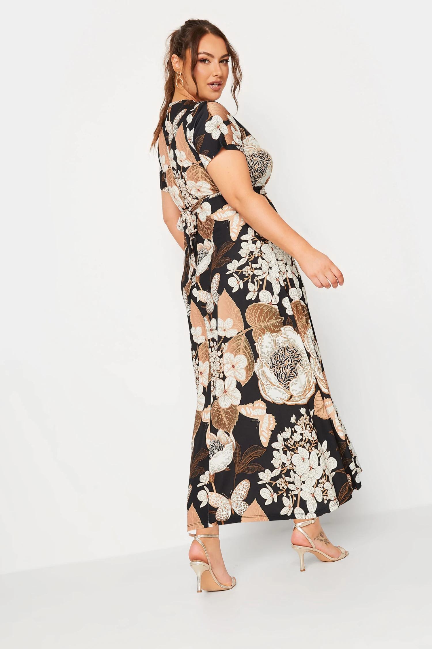 YOURS Curve Black Neutral Floral Print Wrap Front Midaxi Dress 2 YOURS Curve Black Neutral Floral Print Wrap Front Midaxi Dress - Image 2