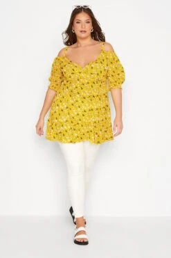 YOURS Curve Yellow Floral Cold Shoulder Top