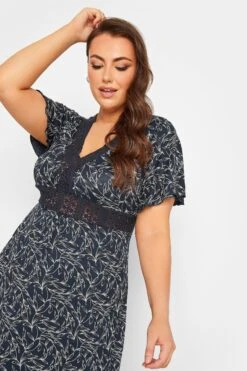 YOURS Curve Navy Blue Leaf Print Lace Detail Dress 8 YOURS Curve Navy Blue Leaf Print Lace Detail Dress -Saga Dresses Shop 4db6407c 294c 40 302046 D