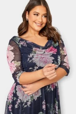 YOURS LONDON Curve Blue Floral Cowl Neck Mesh Dress -Saga Dresses Shop 4ebf899e 935c 41 162117 D