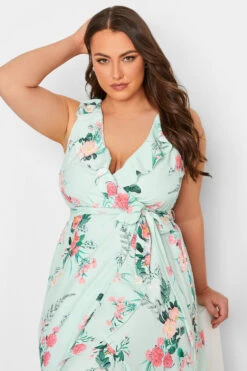 YOURS LONDON Curve Green Floral Print Double Ruffle Wrap Dress 8 YOURS LONDON Curve Green Floral Print Double Ruffle Wrap Dress -Saga Dresses Shop 4f37a027 6311 40 162053 D