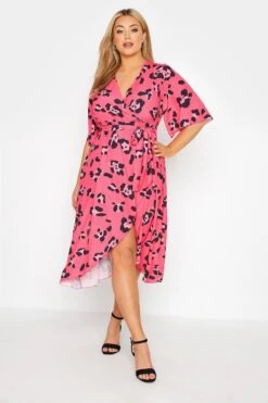YOURS LONDON Curve Bright Pink Leopard Print Midi Wrap Dress