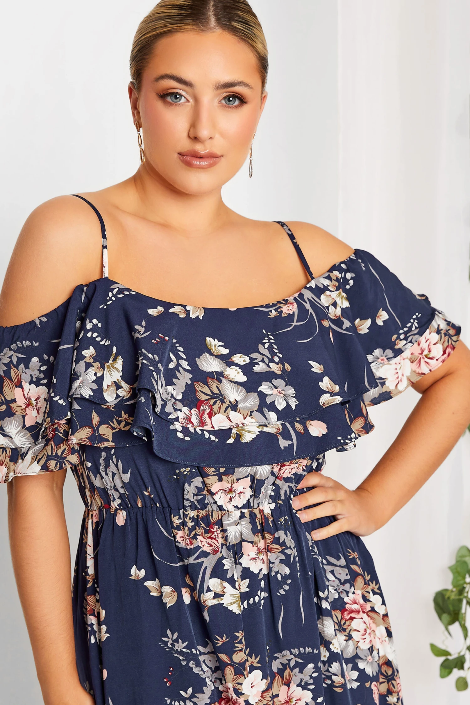 YOURS LONDON Curve Navy Blue Floral Ruffle Bardot Maxi Dress 3 YOURS LONDON Curve Navy Blue Floral Ruffle Bardot Maxi Dress - Image 3