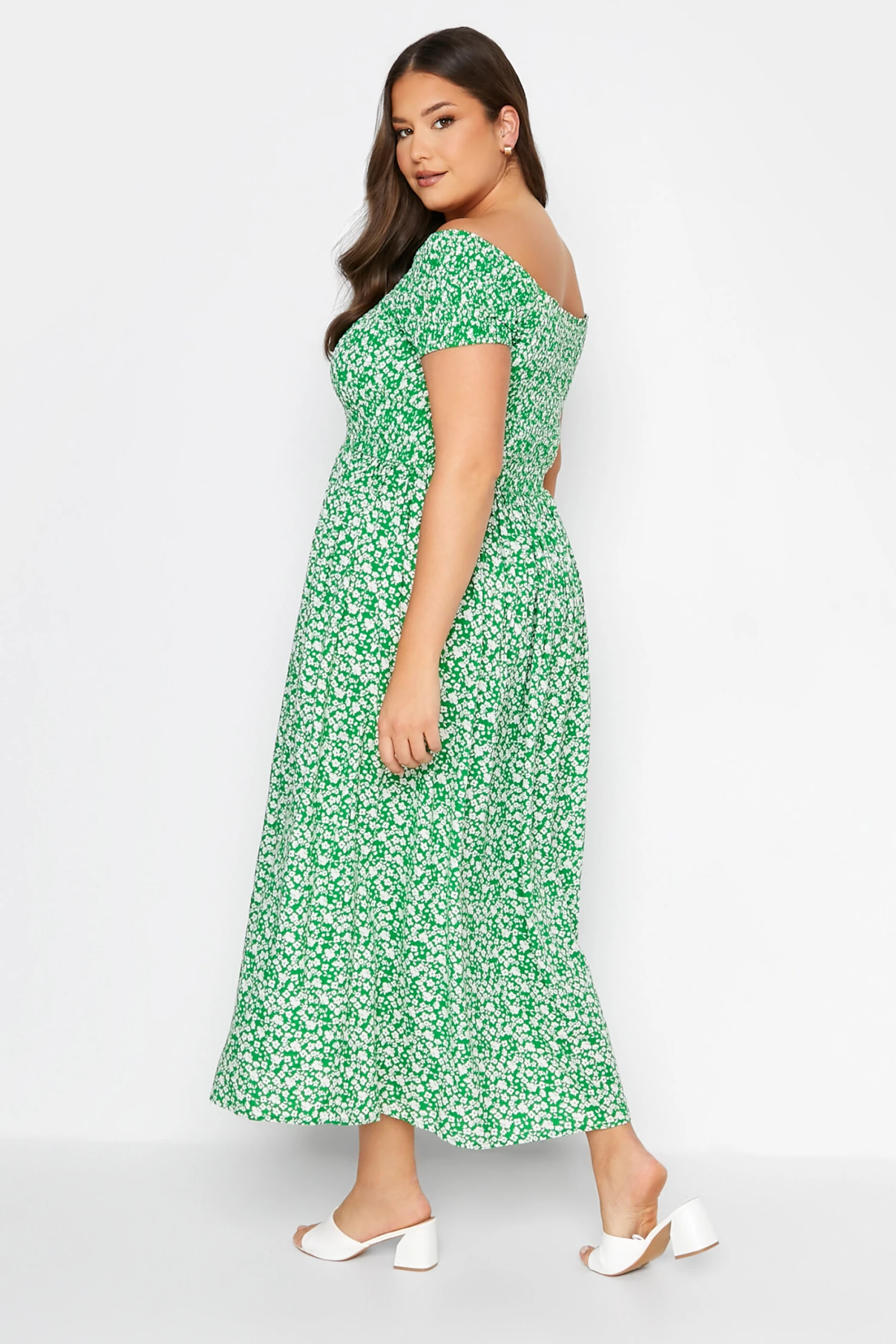 YOURS Curve Green Floral Shirred Bardot Maxi Dress 2 YOURS Curve Green Floral Shirred Bardot Maxi Dress - Image 2