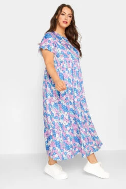 LIMITED COLLECTION Curve Blue Floral Print Frill Sleeve Maxi Dress