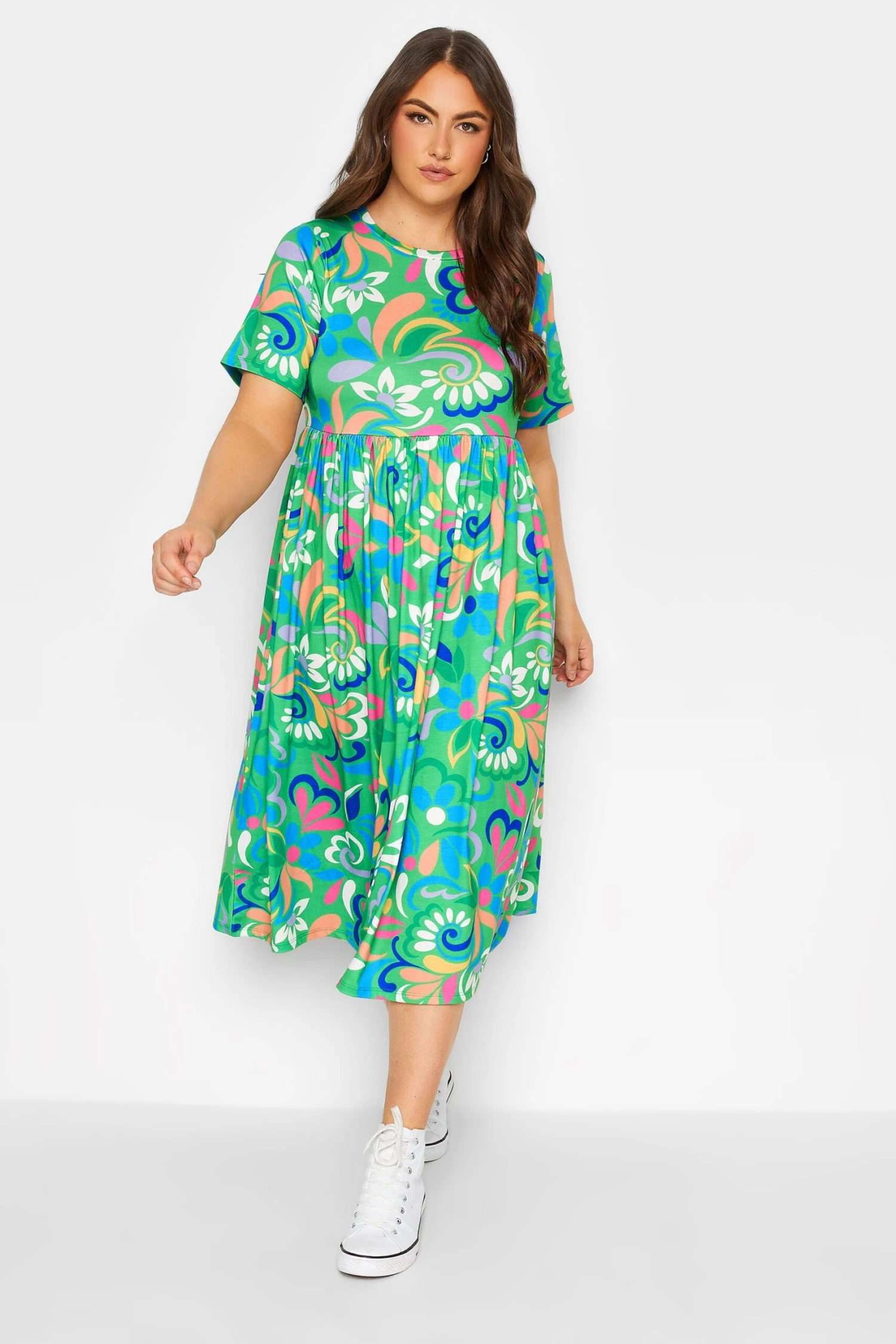 YOURS Curve Green Abstract Print Smock Dress 3 YOURS Curve Green Abstract Print Smock Dress - Image 3