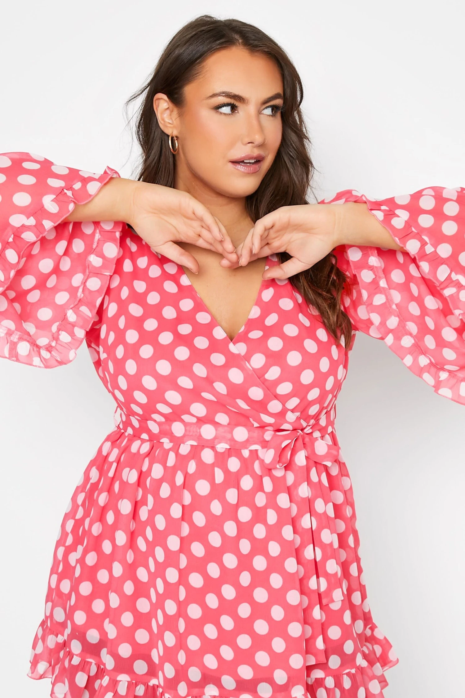 YOURS LONDON Curve Pink Polka Dot Ruffle Wrap Top 3 YOURS LONDON Curve Pink Polka Dot Ruffle Wrap Top - Image 3