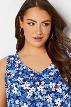 YOURS Curve Blue Floral Print Crinkle Vest Top -Saga Dresses Shop 52fb337b 43a7 48 131860 D