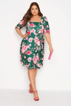 YOURS LONDON Curve Green Floral Square Neck Dress