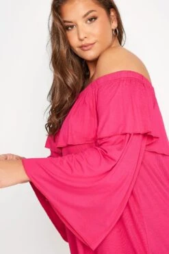 LIMITED COLLECTION Curve Hot Pink Frill Bardot Top -Saga Dresses Shop 540f45a2 7304 44 214958 D