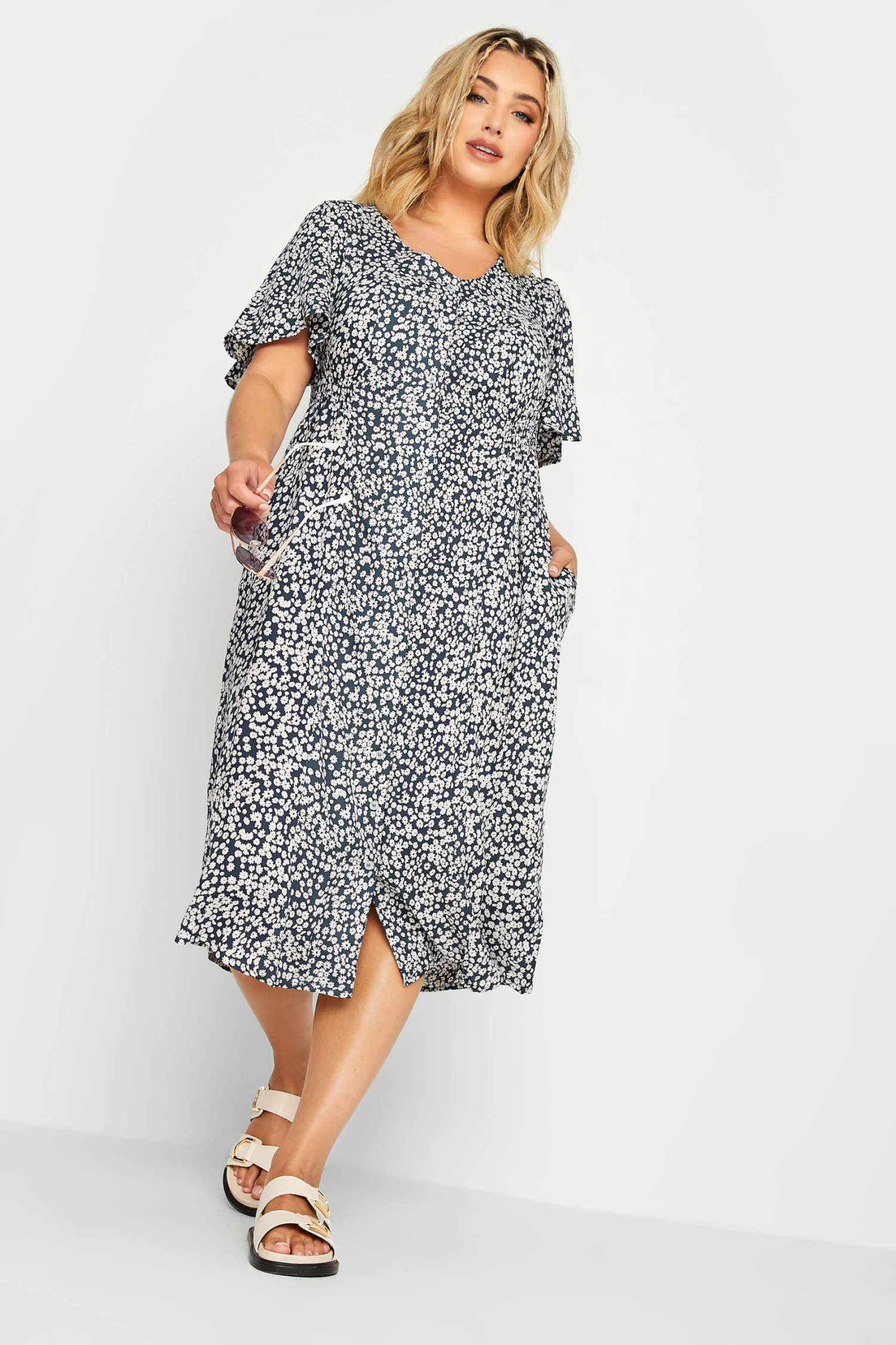 YOURS Curve Navy Blue Ditsy Print Tea Dress 1 YOURS Curve Navy Blue Ditsy Print Tea Dress