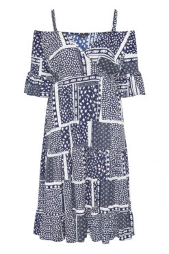 LIMITED COLLECTION Curve Navy Blue Patchwork Print Cold Shoulder Dress 10 LIMITED COLLECTION Curve Navy Blue Patchwork Print Cold Shoulder Dress -Saga Dresses Shop 547f6fcd 64d2 46 217037 X