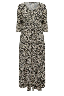 YOURS Curve Black & Beige Brown Abstract Floral V-Neck Maxi Dress -Saga Dresses Shop 55499850 0a61 46 301893 X