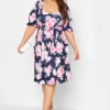 YOURS LONDON Curve Navy Blue Floral Print Puff Sleeve Dress