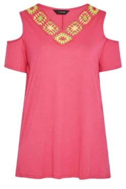 YOURS Curve Pink Crochet Neckline Cold Shoulder Tunic Top -Saga Dresses Shop 58379876 3a8d 44 300932 X