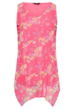 YOURS Curve Pink Floral Hanky Hem Double Layer Vest Top -Saga Dresses Shop 58e04175 3ec4 4f 300961 X