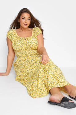 Curve Yellow Floral Print Bardot Maxi Dress -Saga Dresses Shop 593b77e9 05b4 4e 137100 A