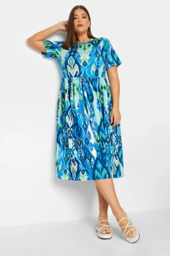 YOURS Curve Blue Abstract Print Frill Sleeve Smock Dress
