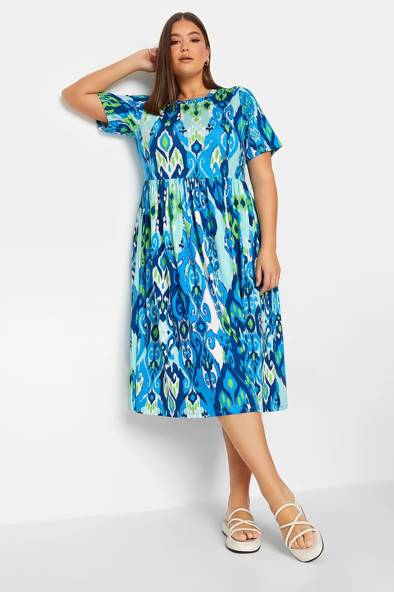 YOURS Curve Blue Abstract Print Frill Sleeve Smock Dress 1 YOURS Curve Blue Abstract Print Frill Sleeve Smock Dress