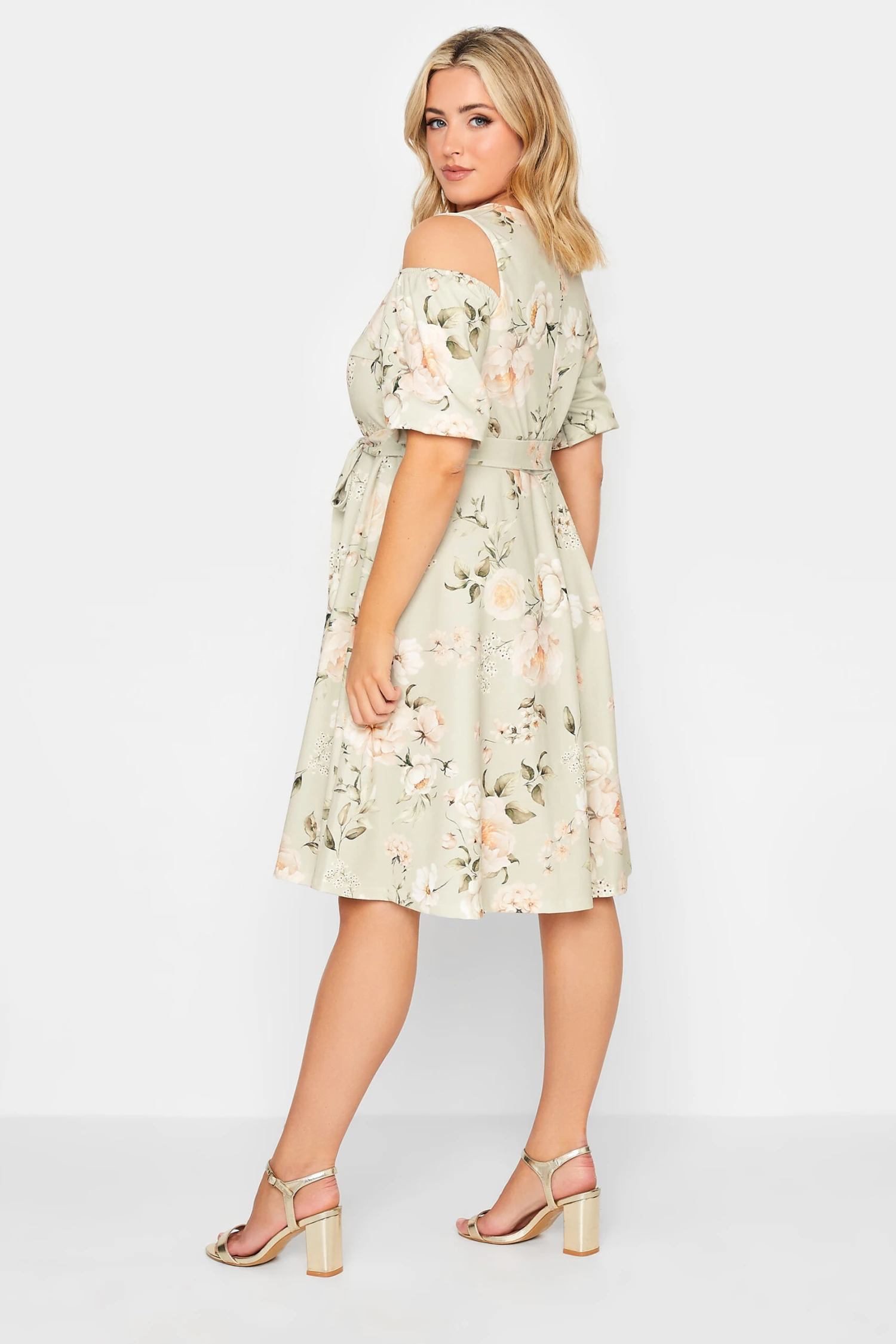 YOURS LONDON Curve Sage Green Floral Cold Shoulder Skater Dress 2 YOURS LONDON Curve Sage Green Floral Cold Shoulder Skater Dress - Image 2