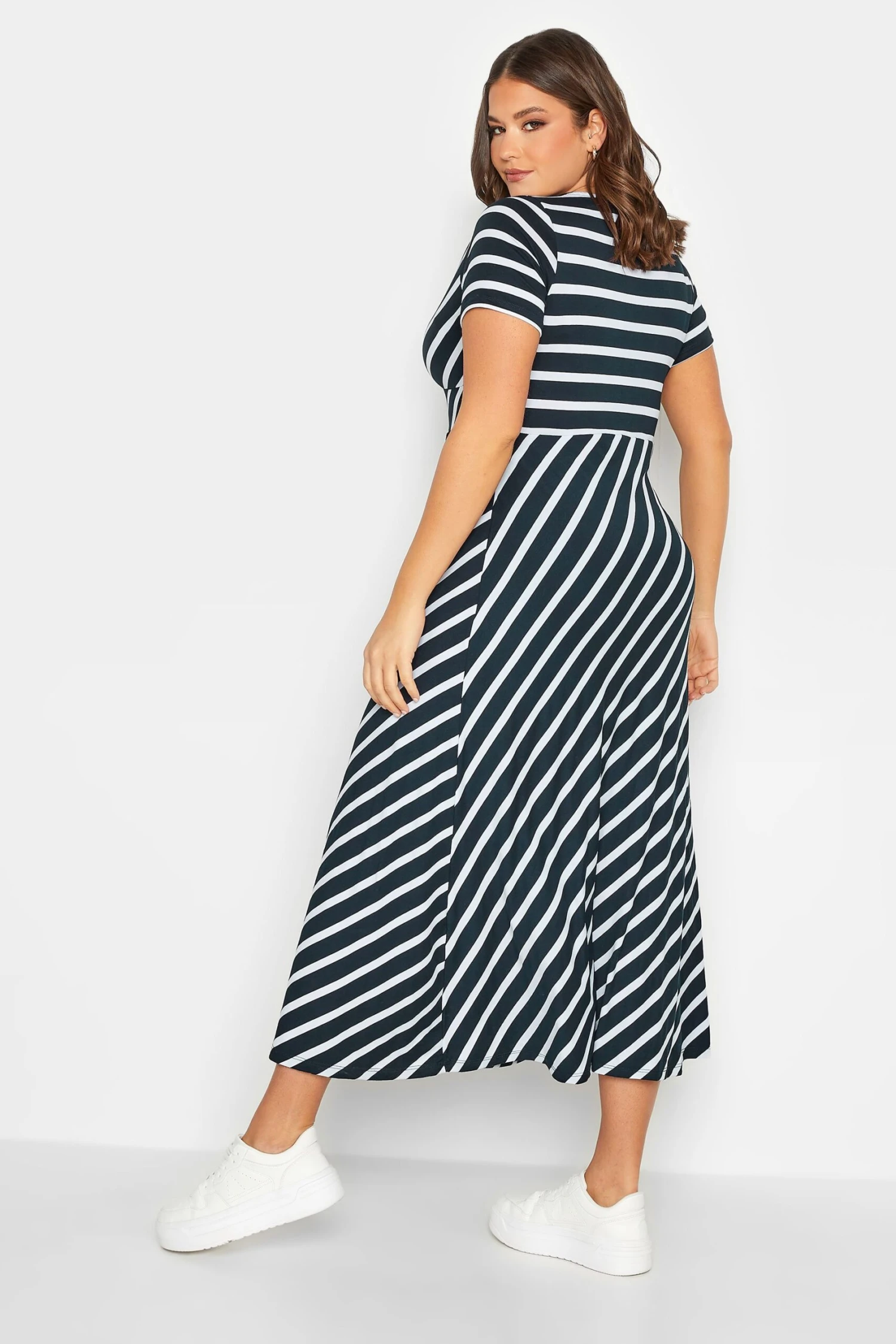 YOURS Curve Navy Blue Stripe Print Swing Dress 2 YOURS Curve Navy Blue Stripe Print Swing Dress - Image 2